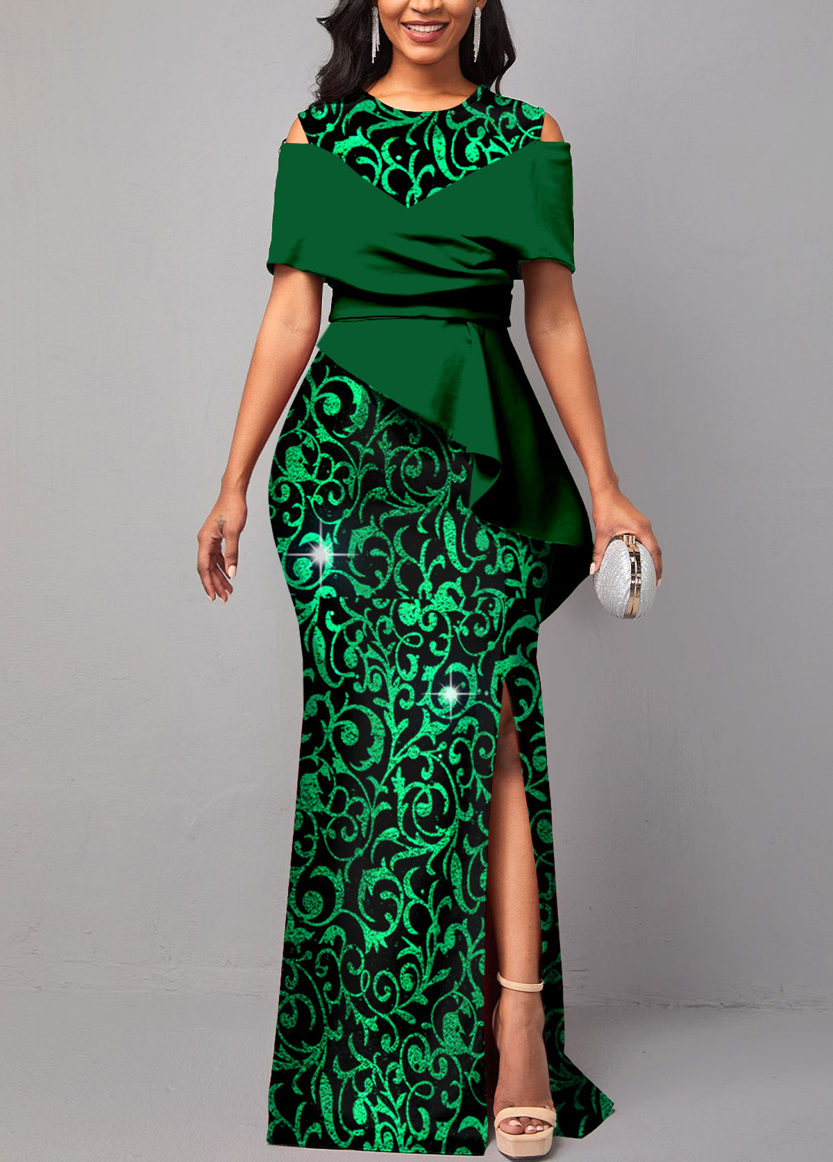 Floral Print Hot Stamping Green Maxi Dress