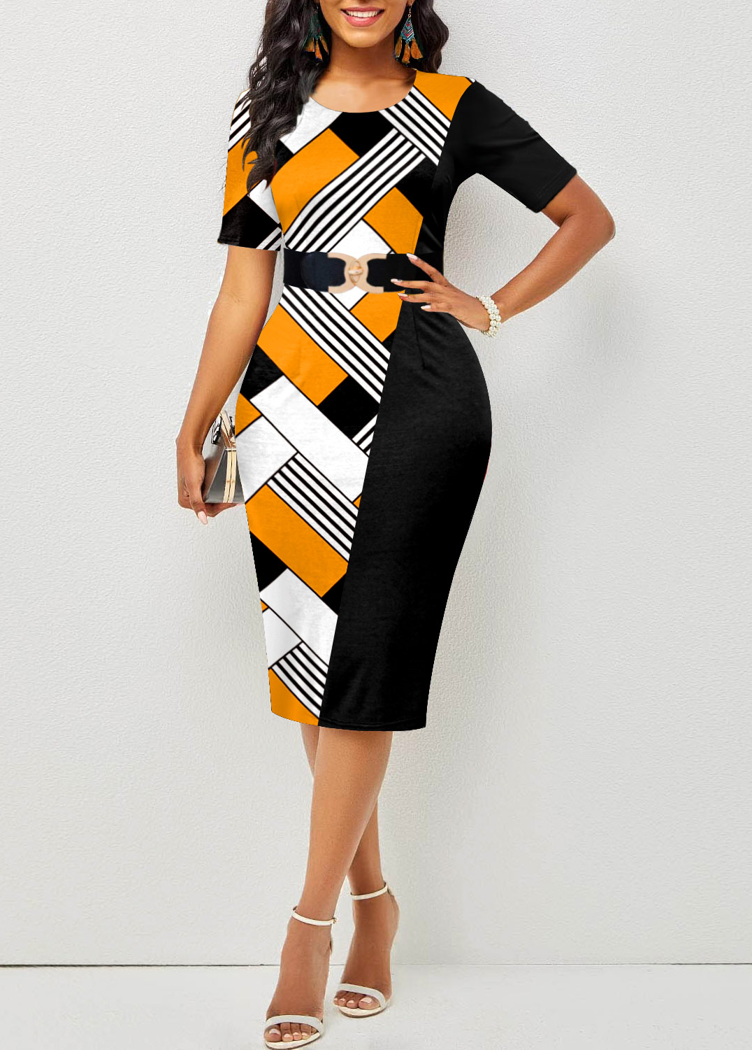 Yellow Plus Size Geometric Print Belted Midi Dress
