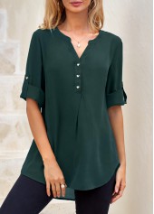 Split Neck Blackish Green Heart Shape Button Blouse