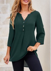 Split Neck Blackish Green Heart Shape Button Blouse