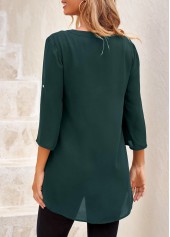 Split Neck Blackish Green Heart Shape Button Blouse