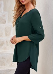 Split Neck Blackish Green Heart Shape Button Blouse