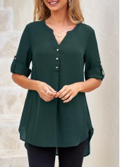 Split Neck Blackish Green Heart Shape Button Blouse