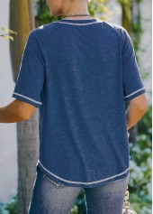 Pocket Blue Contrast Stitch Round Neck T Shirt