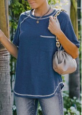 Pocket Blue Contrast Stitch Round Neck T Shirt