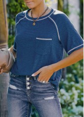 Pocket Blue Contrast Stitch Round Neck T Shirt