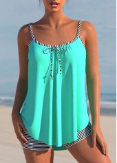 Cyan Striped Bowknot Spaghetti Strap Tankini Set