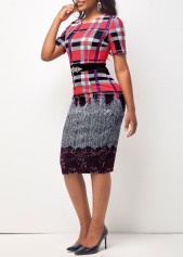 Multi Color Plaid Short Sleeve Round Neck Dress