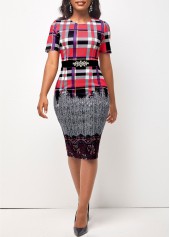 Multi Color Plaid Short Sleeve Round Neck Dress
