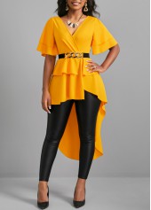 Ginger Dip Hem V Neck Short Sleeve Belted Blouse