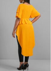 Ginger Dip Hem V Neck Short Sleeve Belted Blouse