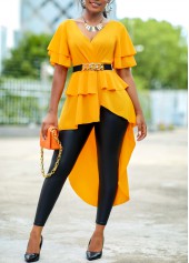 Ginger Dip Hem V Neck Short Sleeve Belted Blouse