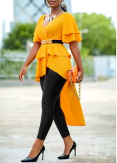 Ginger Dip Hem V Neck Short Sleeve Belted Blouse