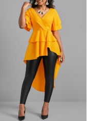 Ginger Dip Hem V Neck Short Sleeve Belted Blouse