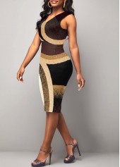 Printed Sleeveless V Neck Brown Dress