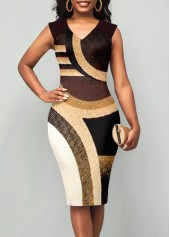 Printed Sleeveless V Neck Brown Dress