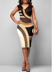 Printed Sleeveless V Neck Brown Dress