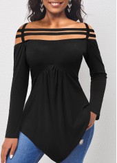 Cold Shoulder Asymmetric Hem Black T Shirt