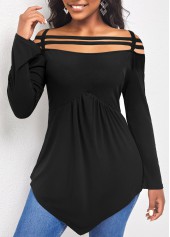 Cold Shoulder Asymmetric Hem Black T Shirt