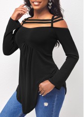 Cold Shoulder Asymmetric Hem Black T Shirt