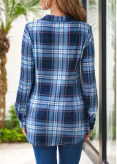 Blue Plus Size Tartan Print Regular Sleeve Blouse