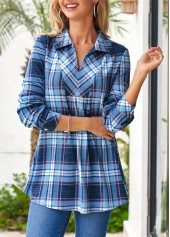 Blue Plus Size Tartan Print Regular Sleeve Blouse