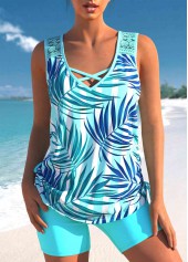 Cyan Tropical Print Lace Stitching Tankini Set