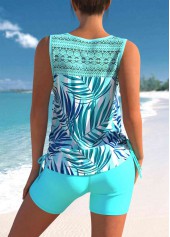Cyan Tropical Print Lace Stitching Tankini Set
