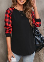 Tartan Print Black Round Neck T Shirt
