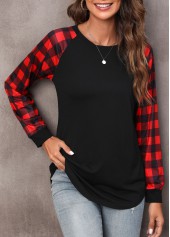 Tartan Print Black Round Neck T Shirt