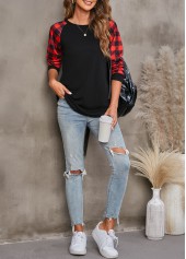 Tartan Print Black Round Neck T Shirt