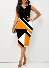 Split Neck Black Geometric Print Dress