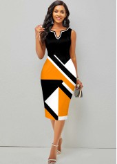 Split Neck Black Geometric Print Dress
