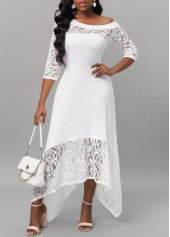 White Lace Stitching Asymmetric Hem Dress