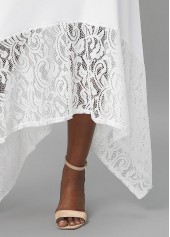 White Lace Stitching Asymmetric Hem Dress