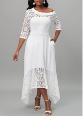 White Lace Stitching Asymmetric Hem Dress