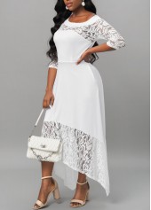 White Lace Stitching Asymmetric Hem Dress