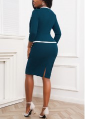 Peacock Blue 3/4 Sleeve Faux Two Piece Dress