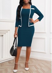 Peacock Blue 3/4 Sleeve Faux Two Piece Dress