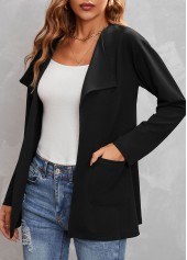 Long Sleeve Turndown Collar Black Pocket Coat