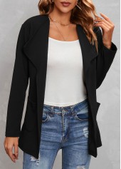 Long Sleeve Turndown Collar Black Pocket Coat