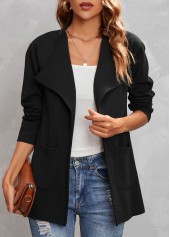 Long Sleeve Turndown Collar Black Pocket Coat
