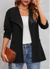 Long Sleeve Turndown Collar Black Pocket Coat
