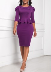 Faux Two Piece 3/4 Sleeve Purple Dress