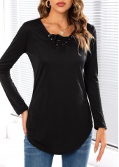 Lace Up Long Sleeve Black T Shirt