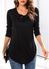 Lace Up Long Sleeve Black T Shirt