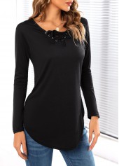 Lace Up Long Sleeve Black T Shirt