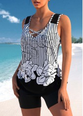 Striped Lace Patchwork Black Tankini Set