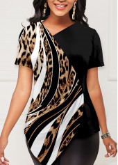 Leopard Asymmetric Hem Multi Color T Shirt