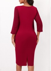 3/4 Sleeve Wine Red Round Neck Dress
